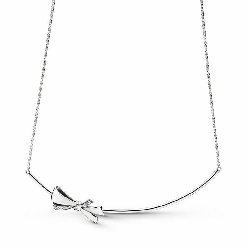 Pandora Brilliant Bow Necklace Ireland - Sterling Silver/Silicone/Cubic Zirconia - 561492IWD